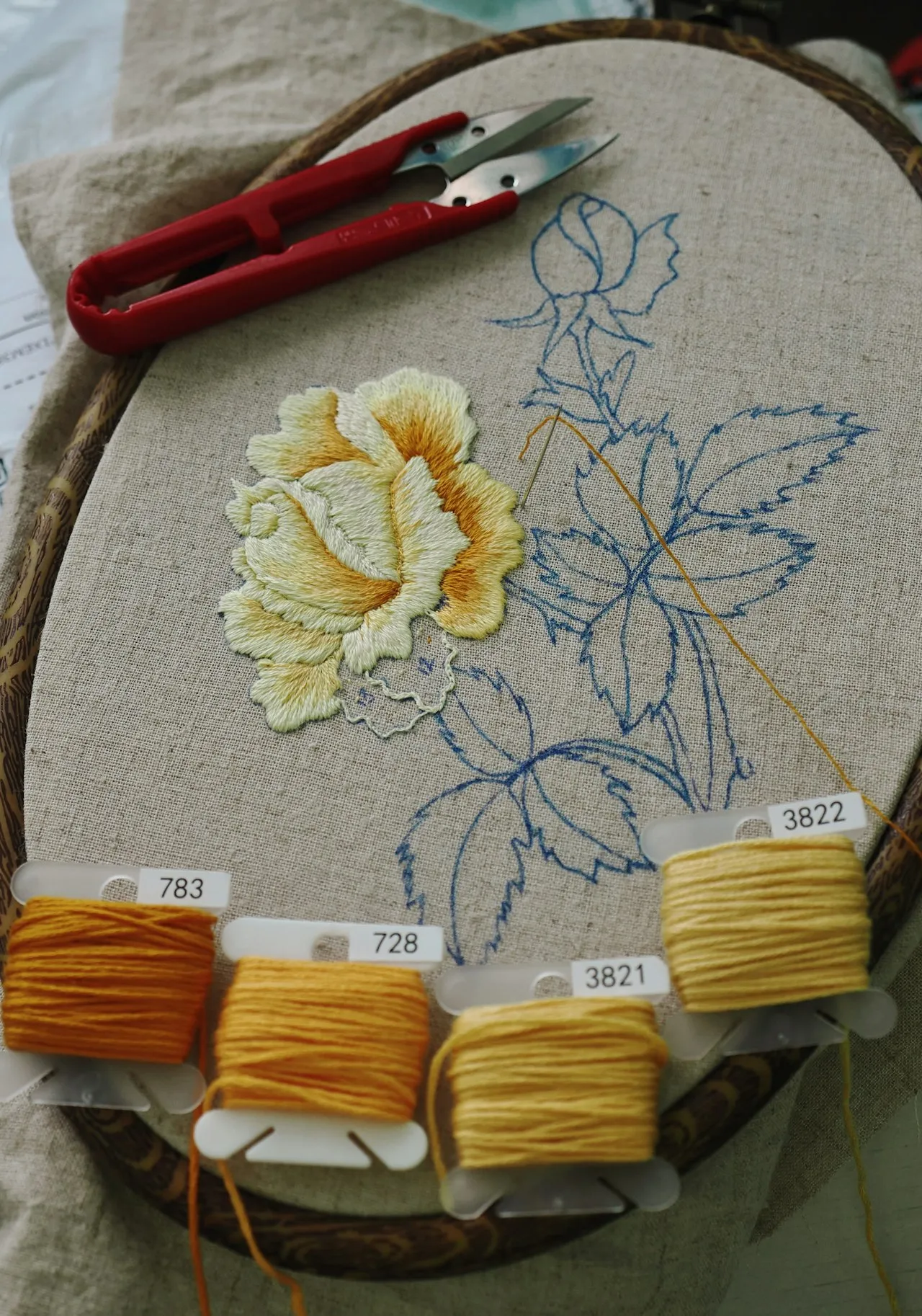 Embroidery hoop showing yellow roses worked in satin and long-and-short stitch, demonstrating the layered thread technique that creates depth and three-dimensional form in hand embroidery