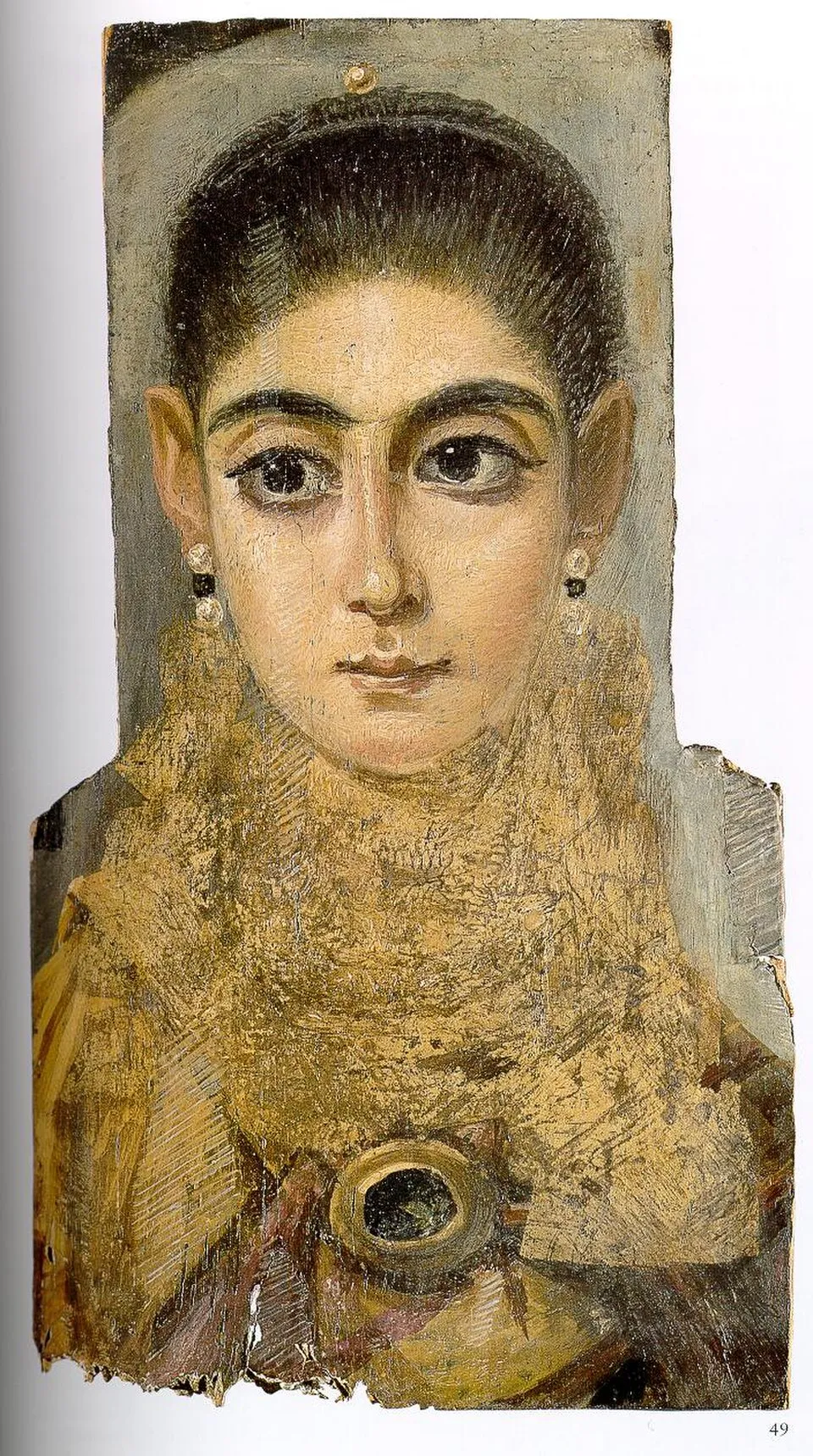 Fayum mummy portrait painted in encaustic on wood, showing a young woman with direct gaze, large eyes, and jewellery, from Roman-period Egypt