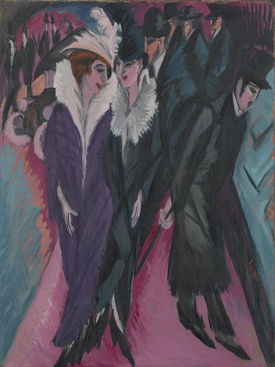 Ernst Ludwig Kirchner, Street, Berlin, 1913, oil on canvas, MoMA, showing elongated figures on a city street in acid colors