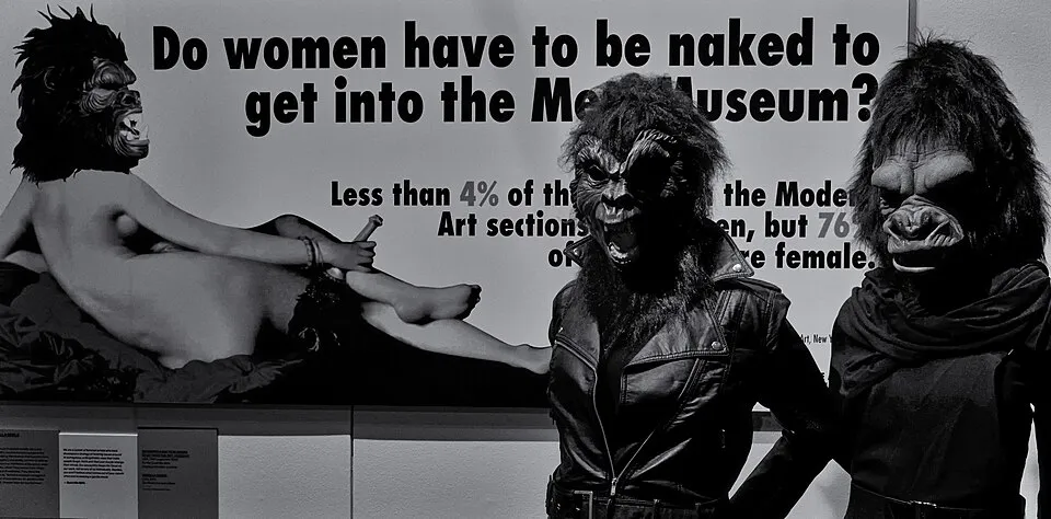 Guerrilla Girls poster showing a reclining nude woman wearing a gorilla mask, with the text 'Do women have to be naked to get into the Met. Museum? Less than 5% of the artists in the Modern Art sections are women, but 85% of the nudes are female'