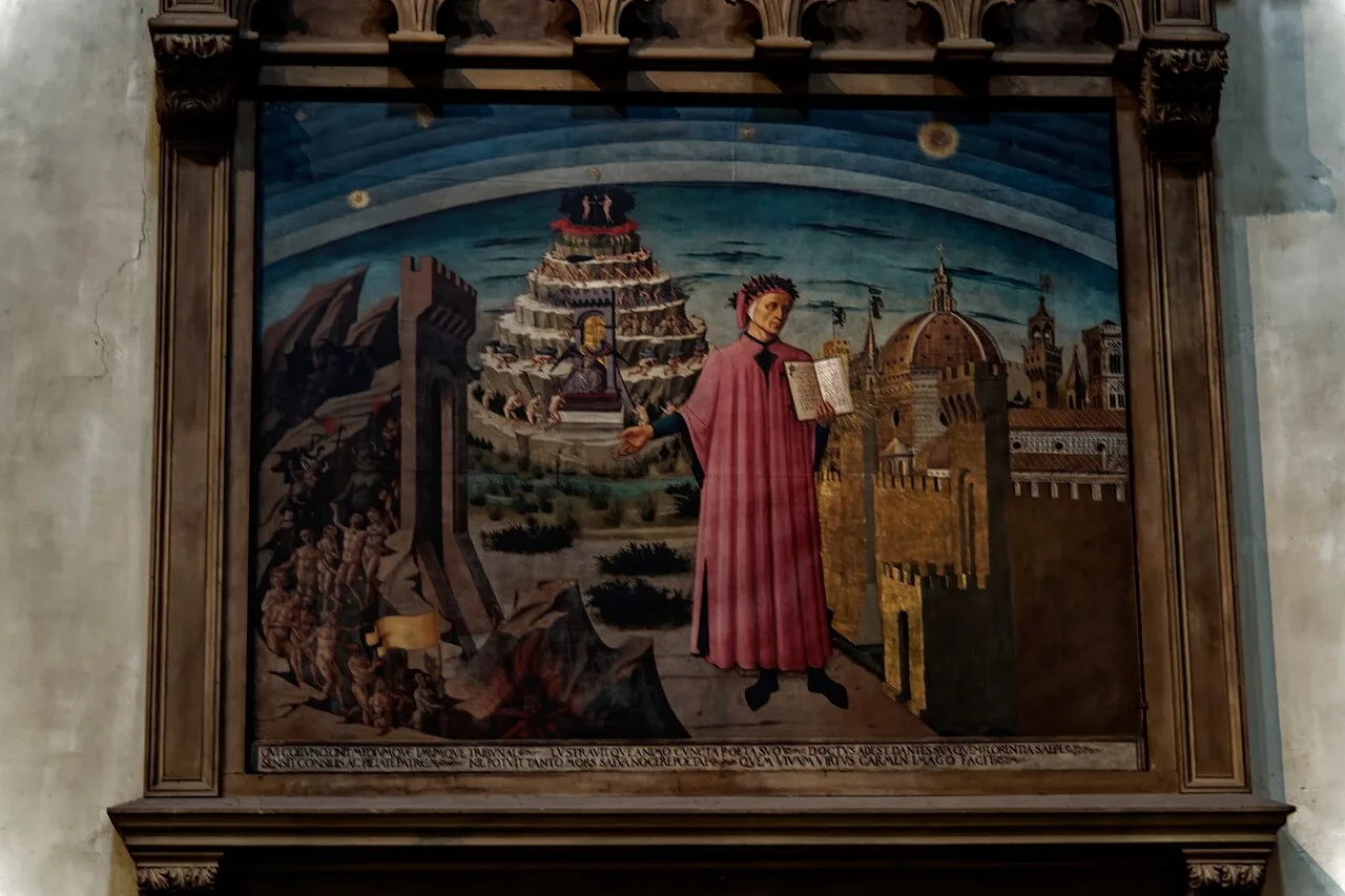 Domenico di Michelino's painting Dante in front of the City of Florence (1465), showing Dante Alighieri standing before a panoramic view of Florence with the Duomo visible, the city that exiled him and that he wrote about in the Divine Comedy, a painting that documents what Florence looked like in the 15th century