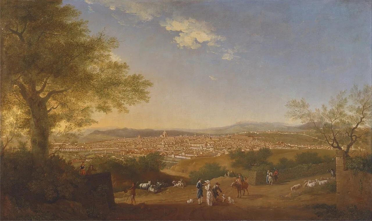 Thomas Patch's A Panoramic View of Florence from Bellosguardo, an 18th century painting showing the city of Florence from the hills above, with the Duomo and the surrounding city visible, the city whose art and architecture shaped the course of Western civilization