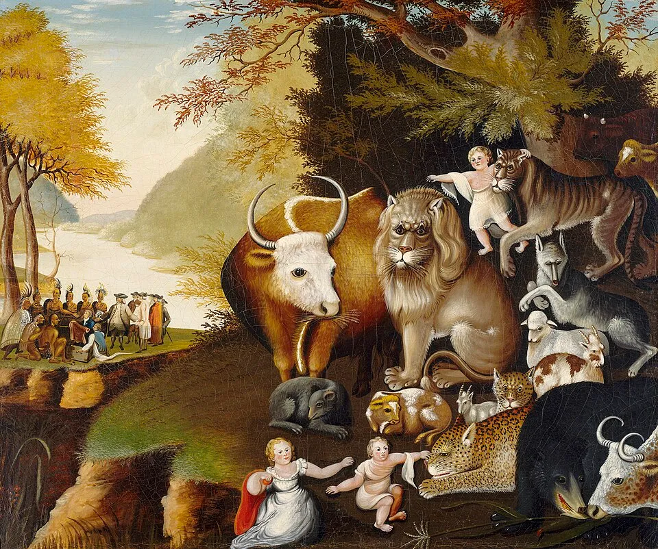 Edward Hicks' Peaceable Kingdom (c. 1834), one of over 60 versions Hicks painted of this scene, based on Isaiah 11:6-9, depicting predators and prey living together in harmony. Hicks was a Quaker minister and self-taught painter whose work embodies the tension between folk tradition and individual creativity