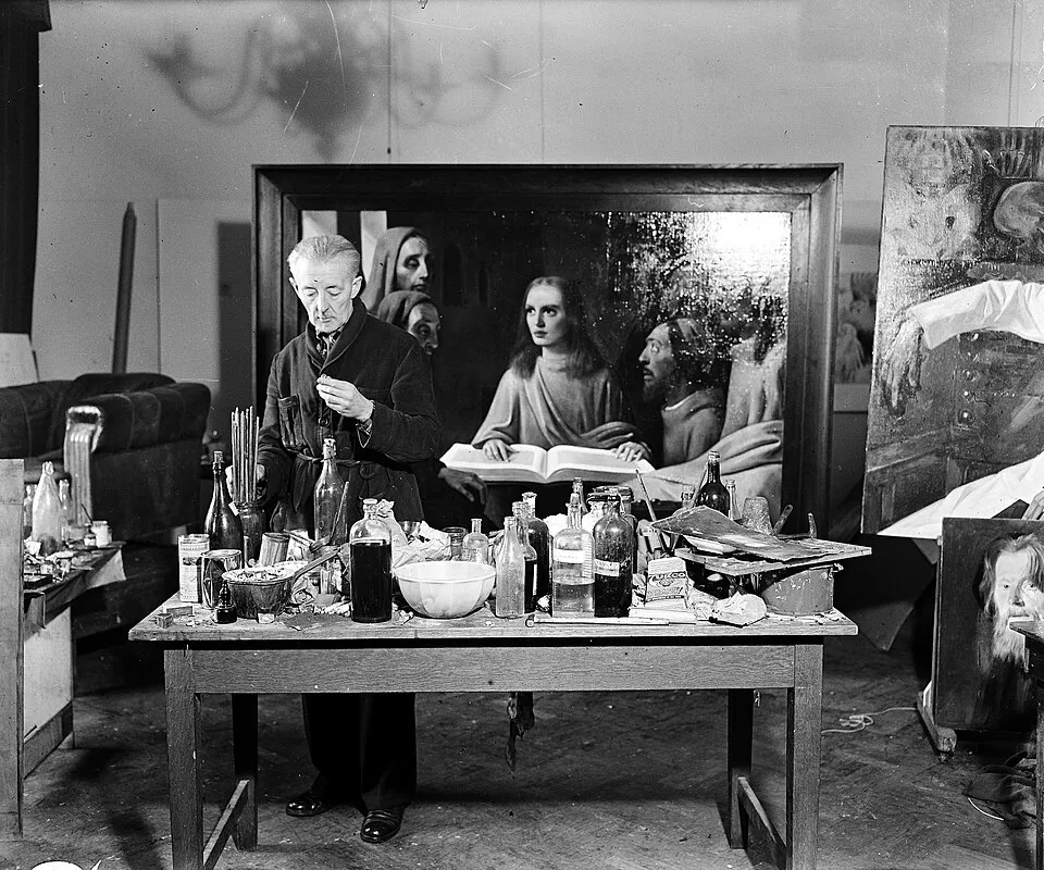 Han van Meegeren on trial in Amsterdam, 1947, the Dutch forger who sold fake Vermeers to Nazi leaders and confessed to avoid collaboration charges, becoming a National Hero for tricking Hermann Göring