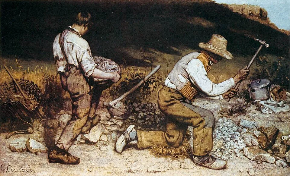 Gustave Courbet, The Stone Breakers (1849). Two laborers breaking stones on a roadside, a young man and an old man, both bent over their work, against a hillside