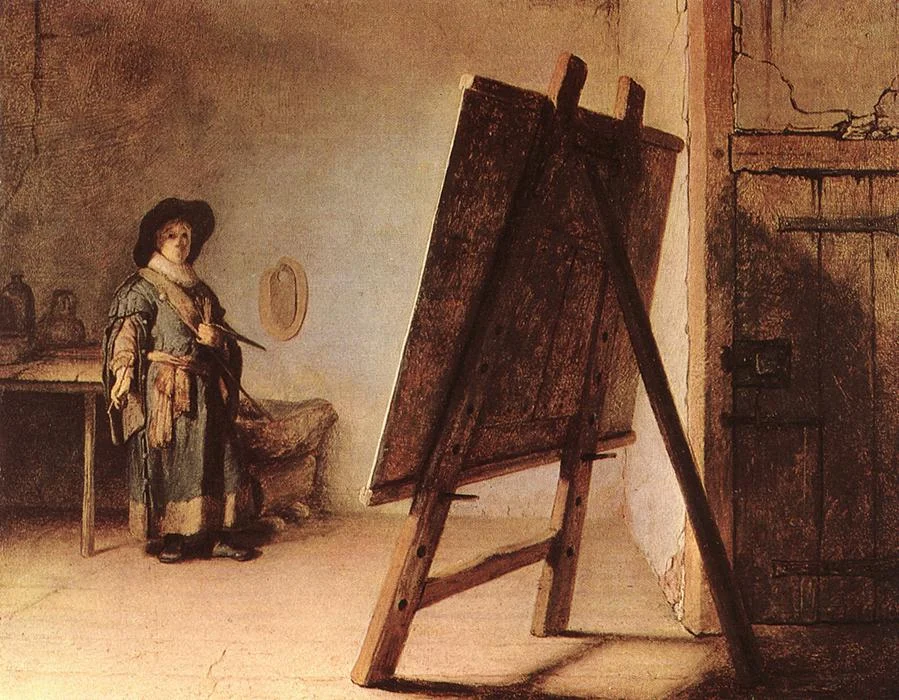 Rembrandt van Rijn, The Artist in his Studio, c. 1626-1628, showing a small painter figure before a large canvas in a dim room