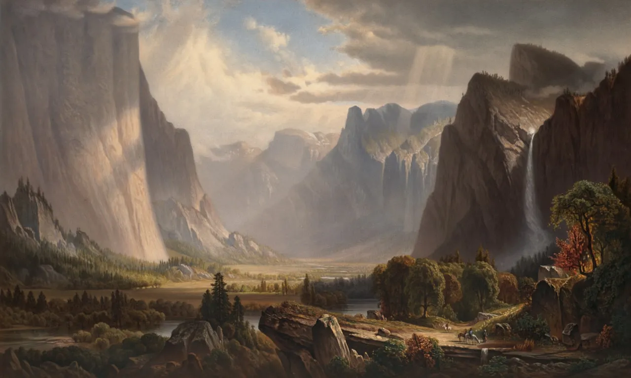 Painterly digital landscape with mountains and river in the foreground, resembling game concept art or environment design.