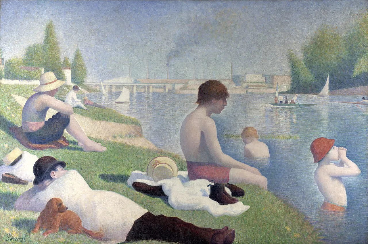 Georges Seurat, Bathers at Asnières (1884). Oil on canvas showing working-class men resting by the Seine, with simplified geometric figures and clear even light.
