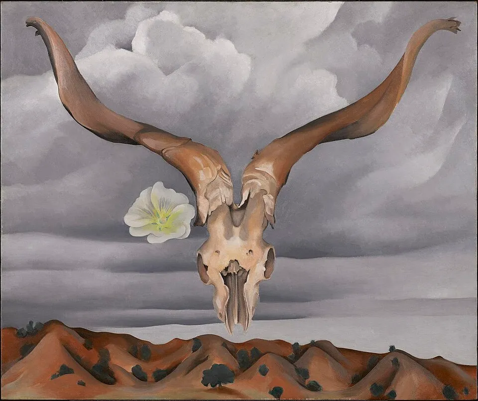 Ram's Head White Hollyhock and Little Hills painting by Georgia O'Keeffe showing a ram skull floating above a desert landscape