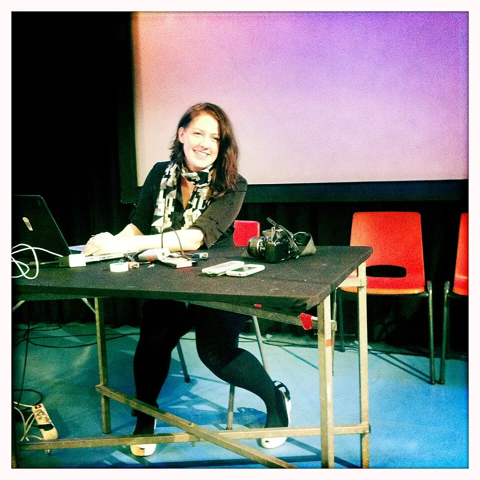 Rosa Menkman performing Glitch Moment(um) at STEIM, Amsterdam, 2011. Live glitch audio-visual performance with projected distorted imagery.