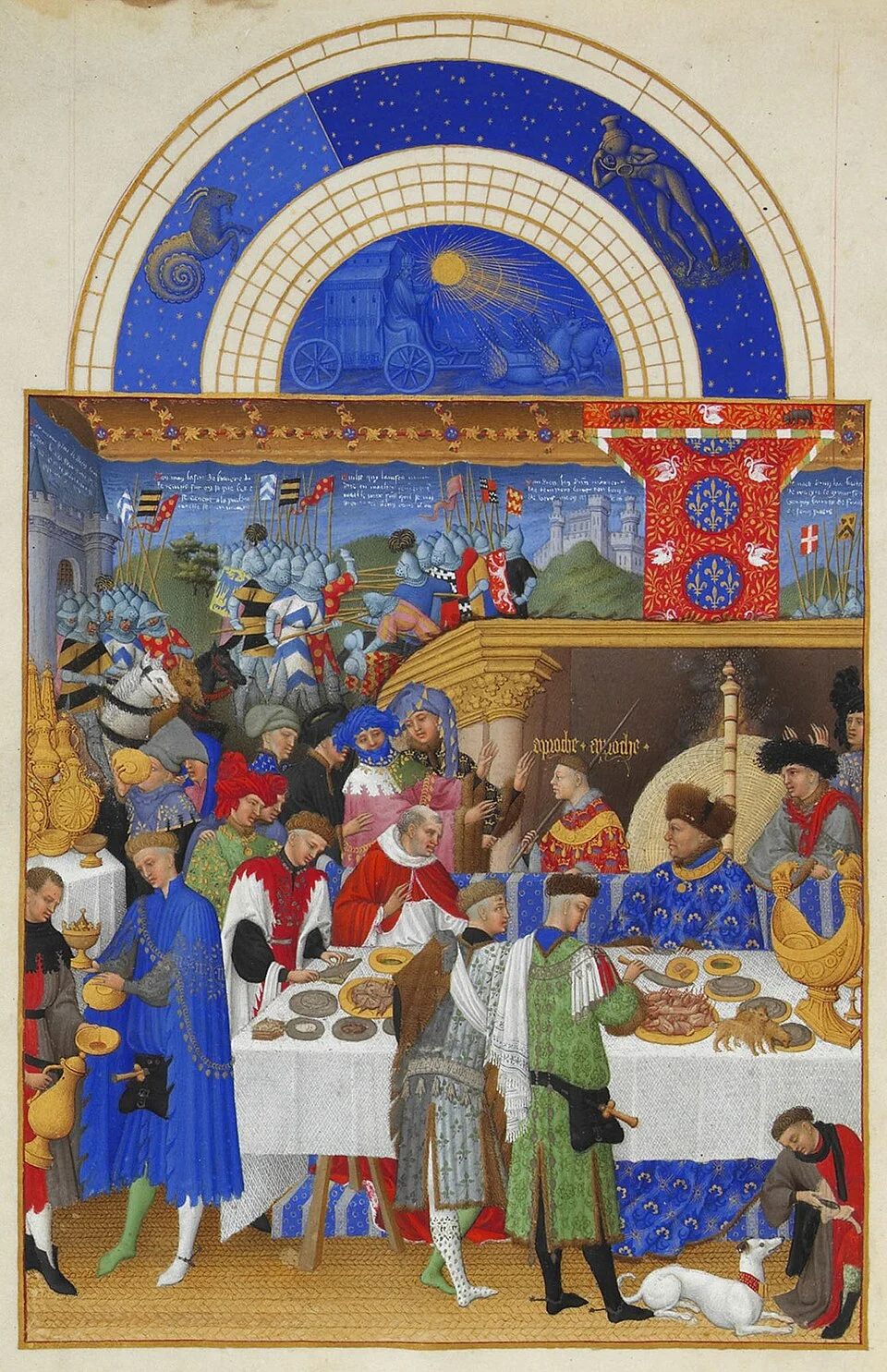 Très Riches Heures du Duc de Berry, January calendar page, c. 1411-1416, showing a winter feast scene with detailed depictions of medieval life