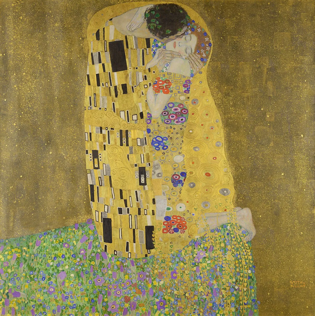 The Kiss (1907-08) by Gustav Klimt showing two figures in an embrace, their bodies merged into a single form covered with golden robes decorated with geometric patterns, kneeling on a flower-covered cliff edge