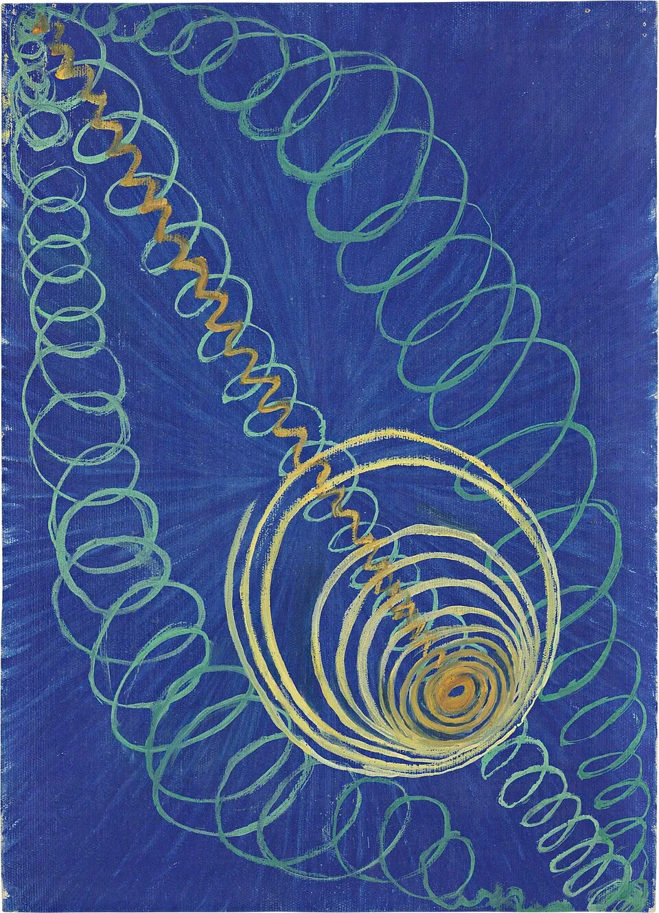 Hilma af Klint, Primordial Chaos No. 16 (1906-07). Oil on canvas. Dark swirling forms in the Chaos series, one of the earliest groups within The Paintings for the Temple.