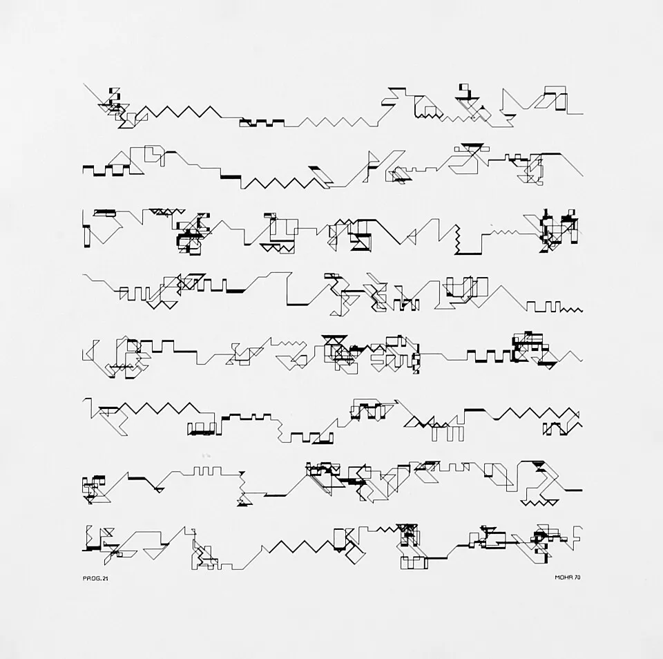 Manfred Mohr, P021G, 1970. Computer-generated plotter drawing showing geometric black line compositions on white paper.