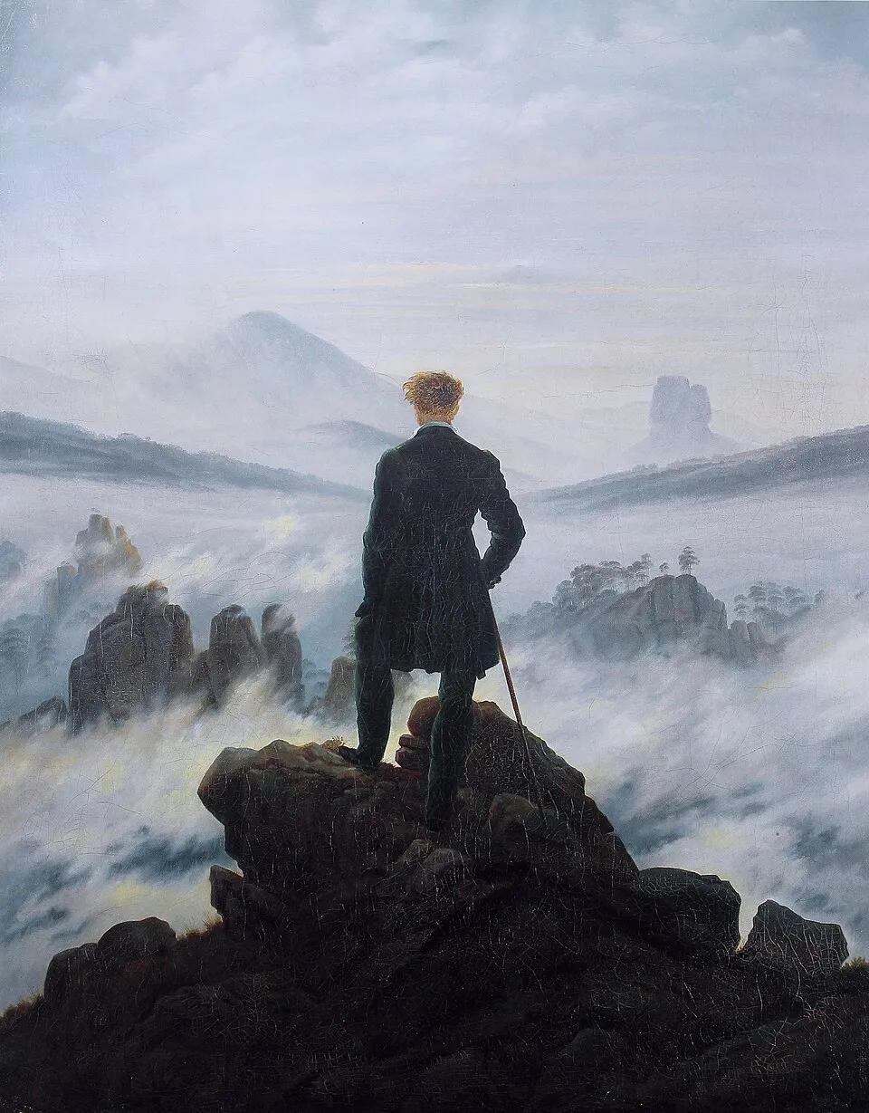 Caspar David Friedrich, Wanderer above the Sea of Fog, 1818, showing a lone figure dwarfed by vast mountain landscape