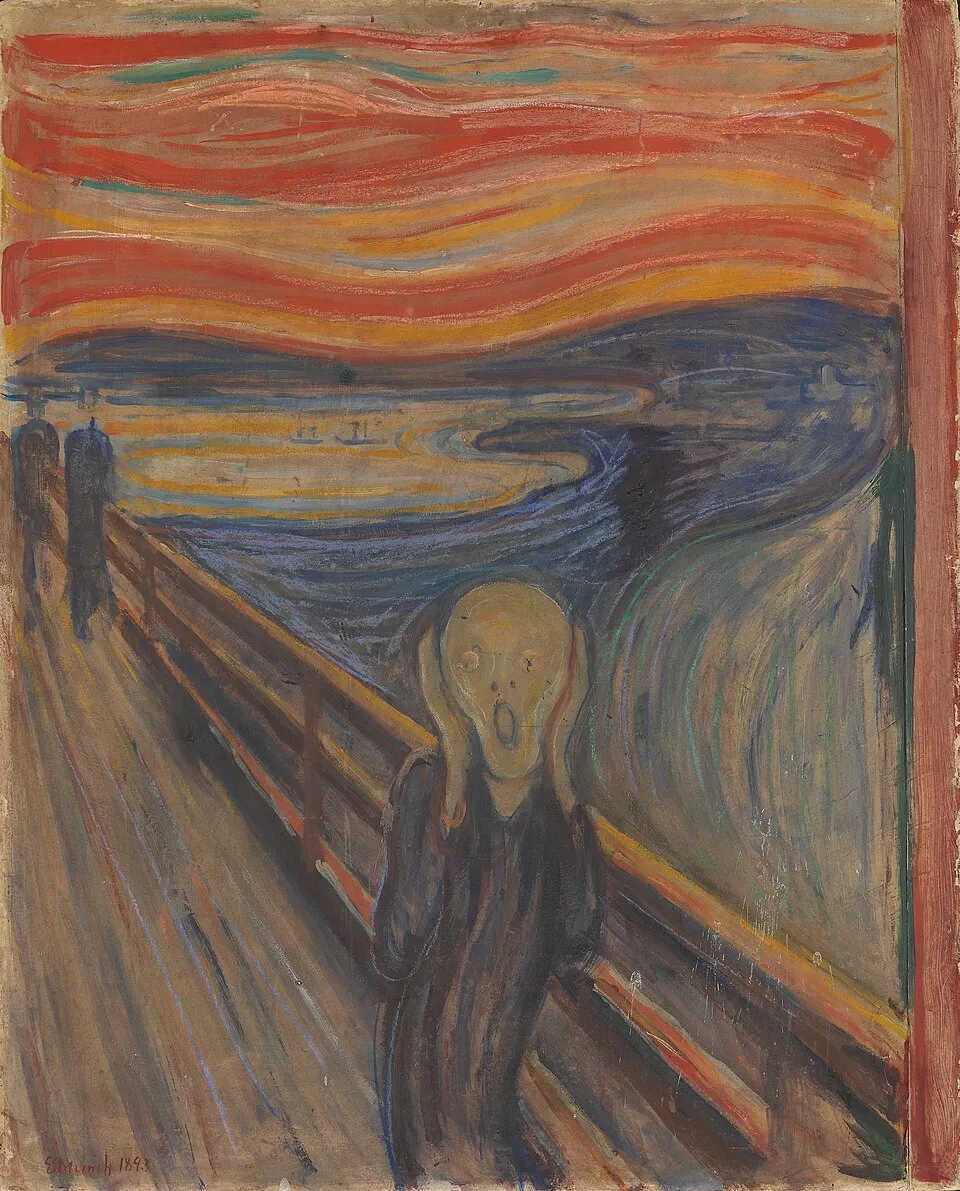 The Scream (1893) by Edvard Munch showing the anguished figure on a bridge with swirling blood-red sky above the Oslofjord, painted in oil, tempera, and pastel on cardboard