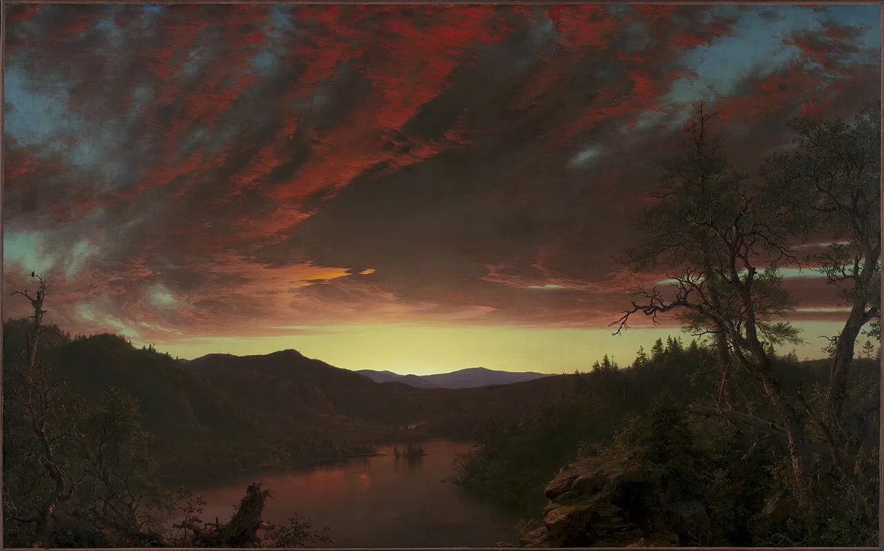 A side by side comparison of Left: "Twilight in the Wilderness" by Frederic Edwin Church (1860), Right: "Scenery in the Grand Tetons" by Albert Bierstadt (1865-1869)