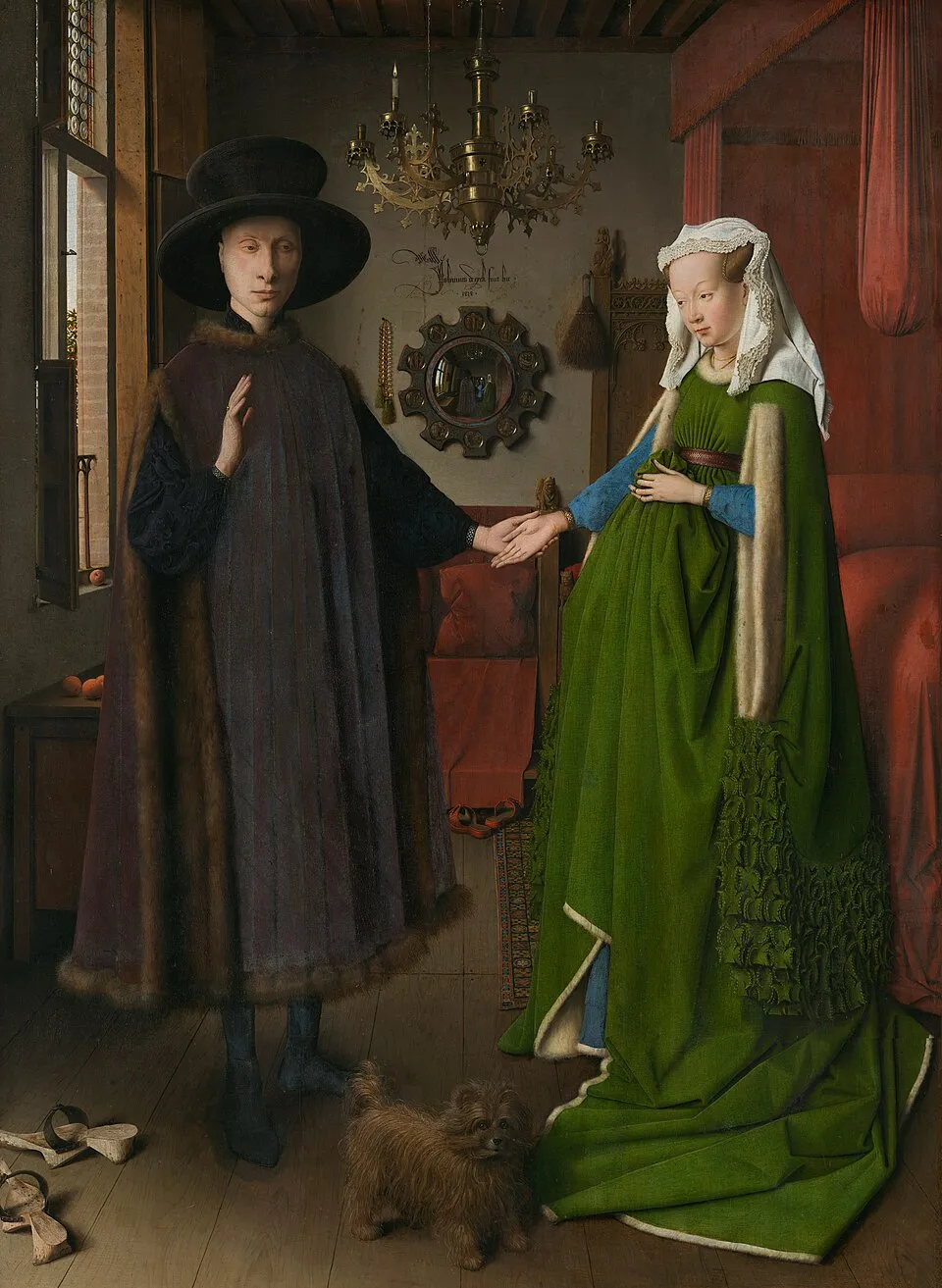 The Arnolfini Portrait (1434) by Jan van Eyck, showing a couple standing in a richly furnished room with a candle, dog, discarded shoes, and a convex mirror on the rear wall, each element carrying symbolic meaning