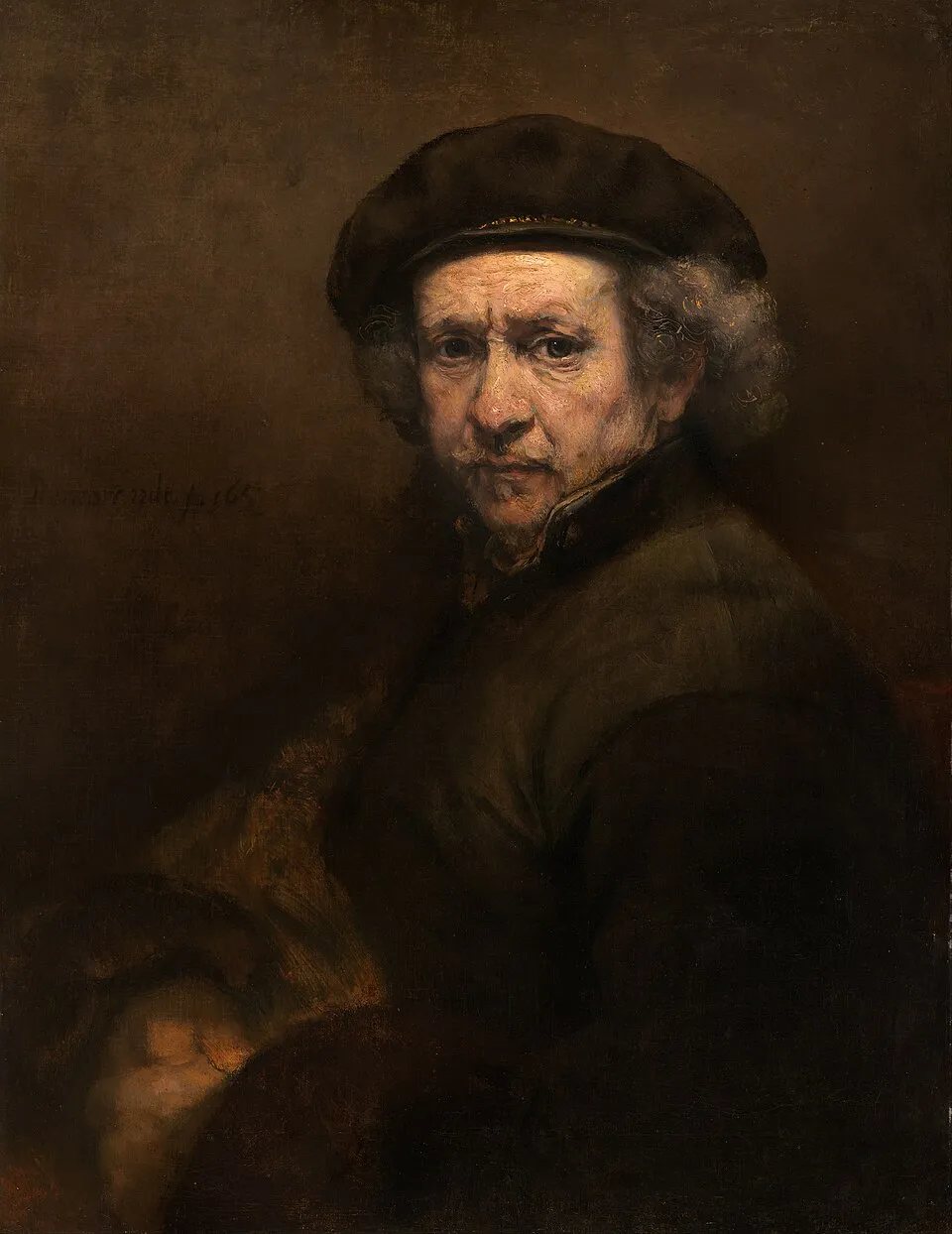 Self-Portrait (c. 1665) by Rembrandt van Rijn, showing the aged artist with direct gaze, beret, and working clothes, rendered with extraordinary tonal depth and psychological presence