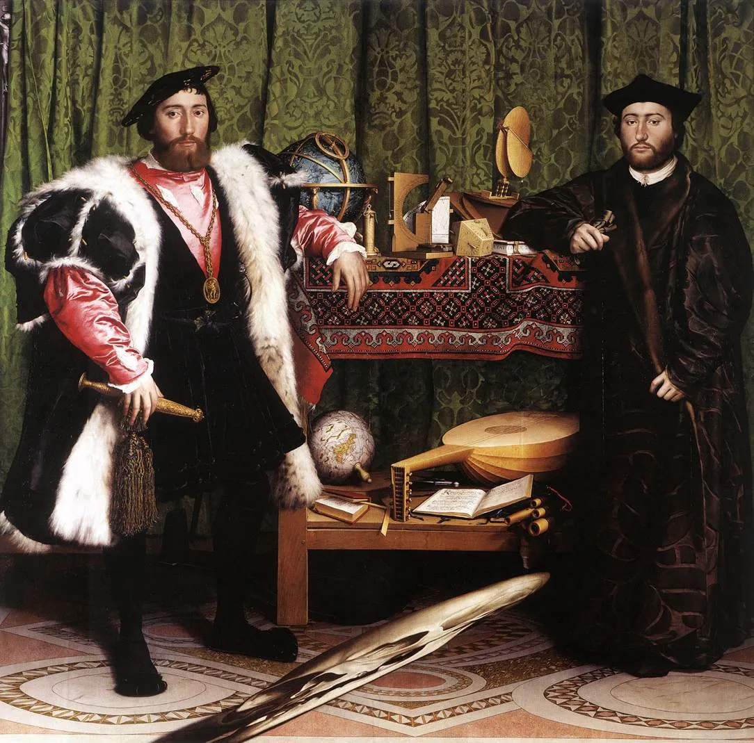 The Ambassadors (1533) by Hans Holbein the Younger, showing two French diplomats standing beside a table of scientific instruments, with elaborately described hands, clothing, and a distorted skull in the foreground