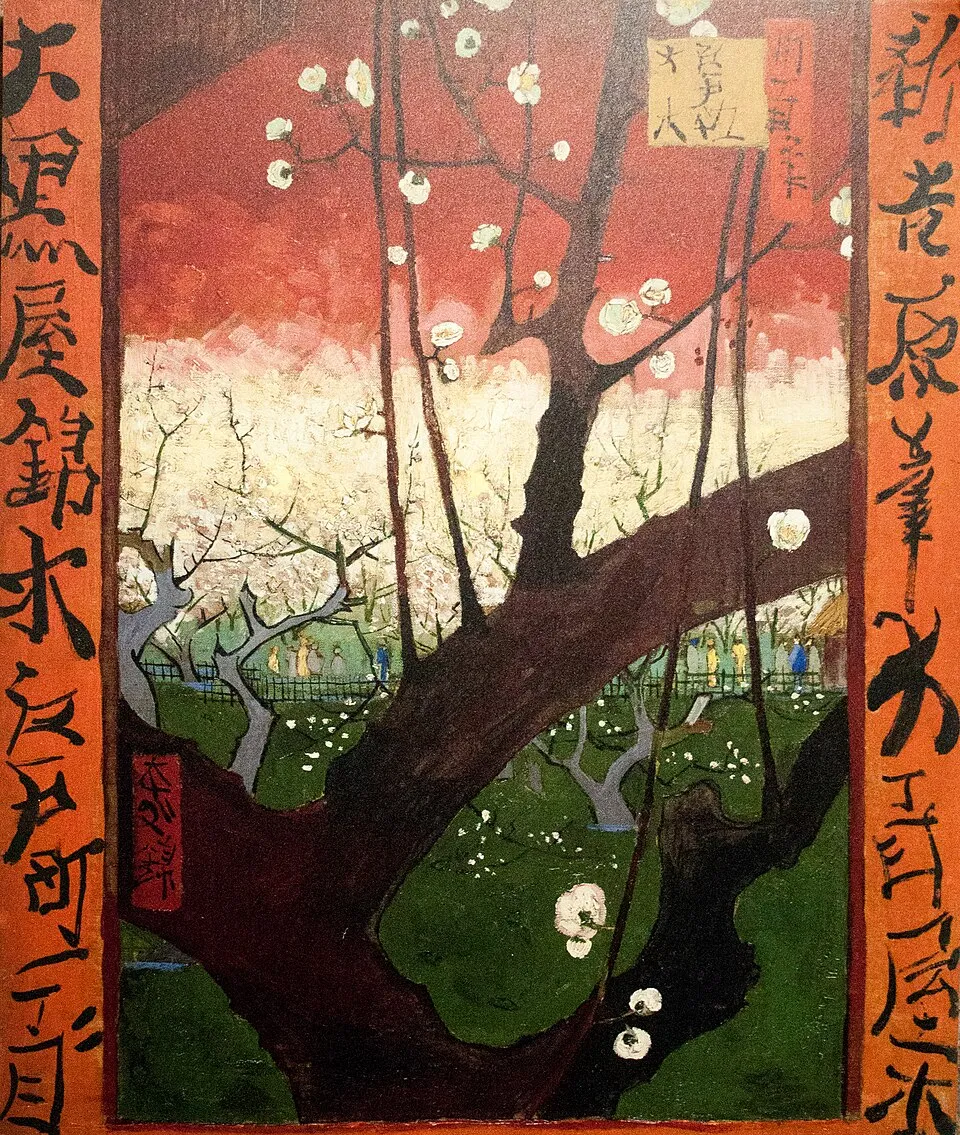 Side-by-side images of the same subject painted in two different styles. Left Hiroshige, Plum Park in Kameido, 1857, Right: Vincent van Gogh, Flowering Plum Tree (after Hiroshige), 1887