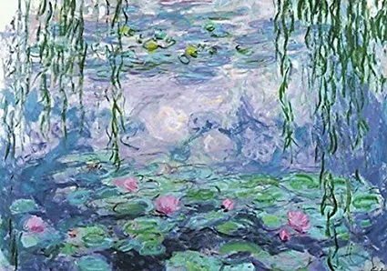 Claude Monet, Water Lilies (1916). A dense, abstract surface of red, brown, and green brushstrokes depicting the surface of a pond, demonstrating the color shift caused by Monet's cataracts