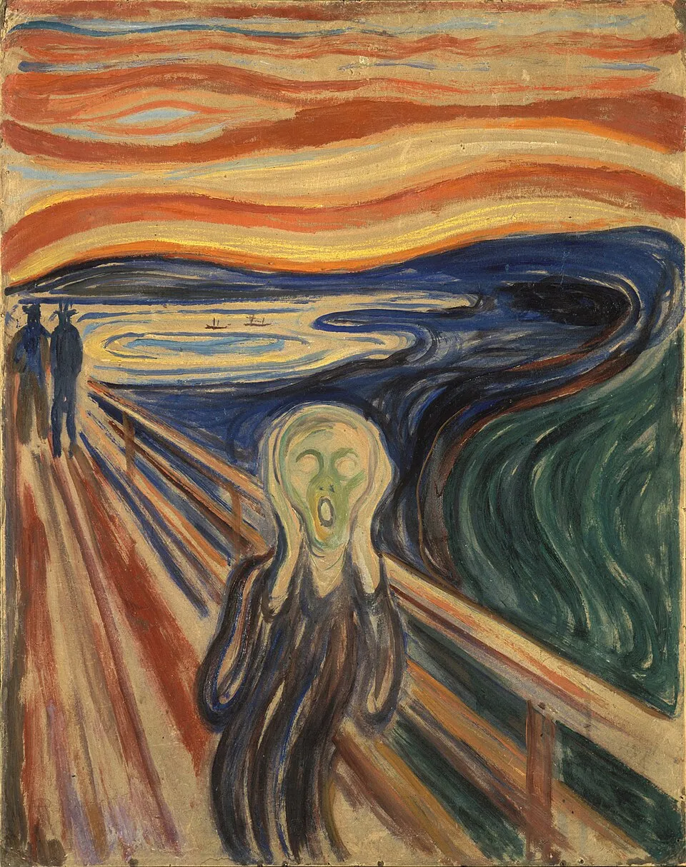 Edvard Munch, The Scream (1910). A figure on a bridge with a distorted, skull-like face, hands pressed to its cheeks, against a swirling orange and red sky over a dark fjord, expressing overwhelming anxiety