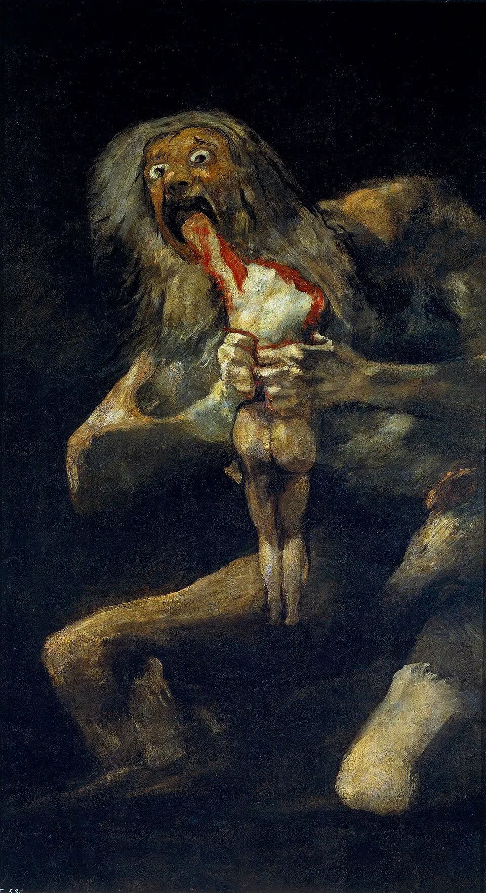 Francisco Goya, Saturn Devouring His Son (1819-1823). A wild-eyed, monstrous figure tearing and eating the body of a smaller figure, painted directly on the wall of Goya's dining room in the Quinta del Sordo