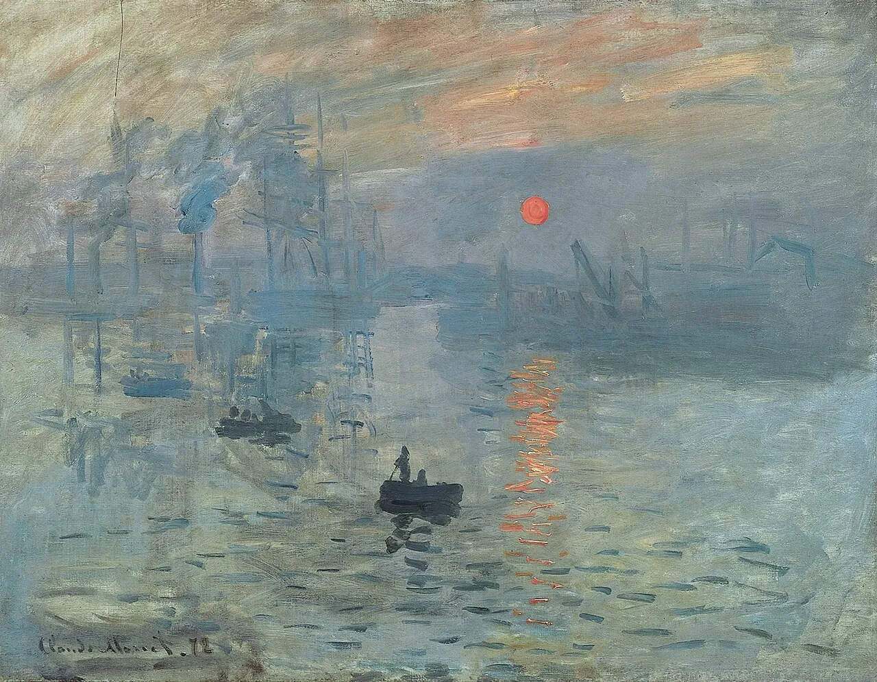 Impression, Sunrise (1872) by Claude Monet, showing the harbor of Le Havre at dawn with orange sun reflecting on blue-gray water