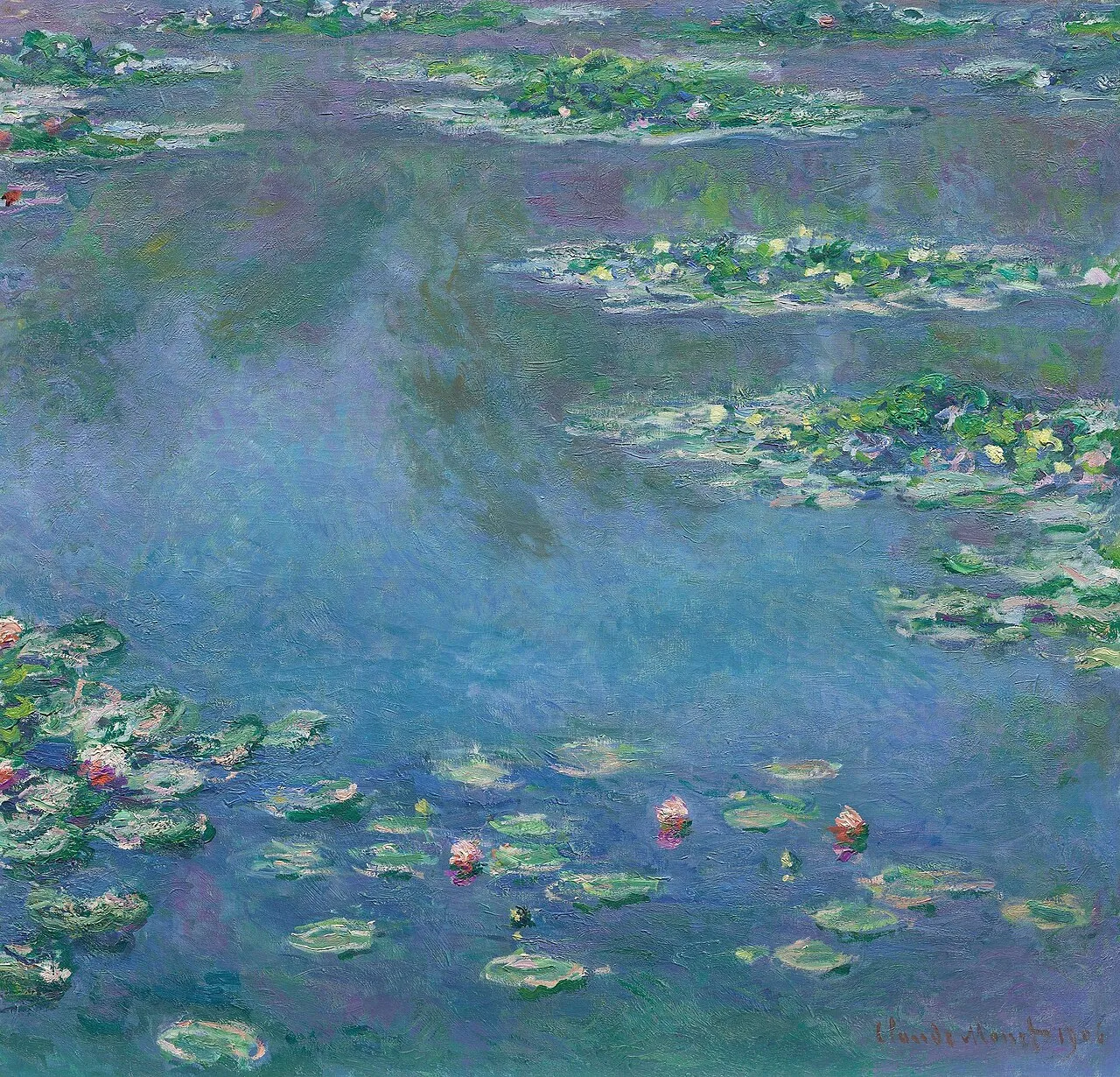 Water Lilies (1906) by Claude Monet showing the Giverny pond surface covered with lily pads and flowers in greens and pinks with reflections of sky and weeping willows, painted in characteristic broad Impressionist brushstrokes