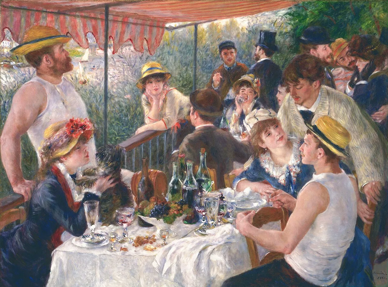 Luncheon of the Boating Party (1881) by Pierre-Auguste Renoir, showing a group of friends dining on a balcony overlooking the Seine