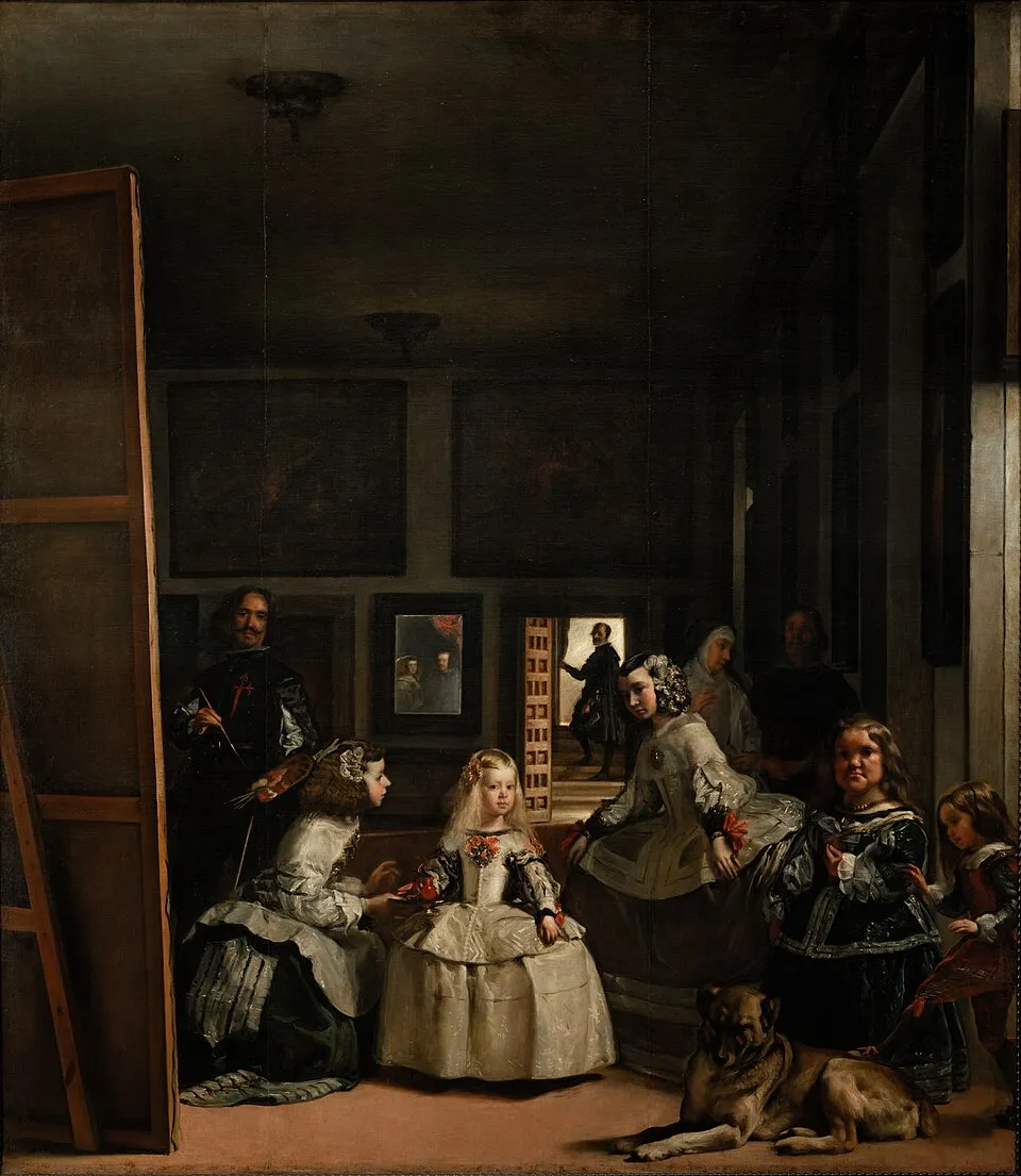 Las Meninas by Diego Velázquez, 1656, Prado Museum, Madrid, full painting showing the Infanta Margarita surrounded by ladies-in-waiting with Velázquez visible at left and a small mirror on the back wall