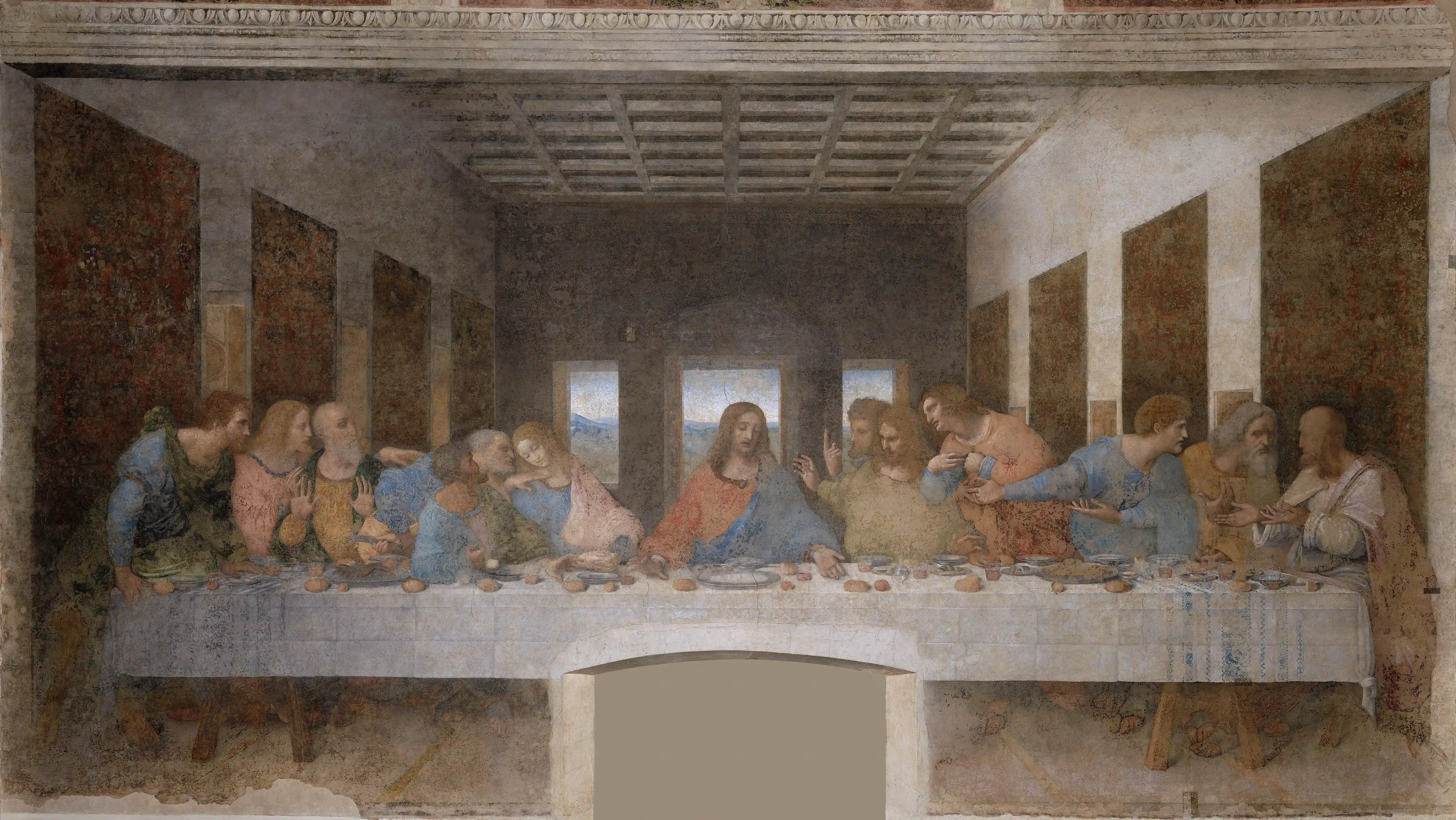 The Last Supper (1495-98) by Leonardo da Vinci at Santa Maria delle Grazie, Milan, showing Jesus and the twelve apostles at the moment Christ announces the betrayal, with each apostle reacting distinctly