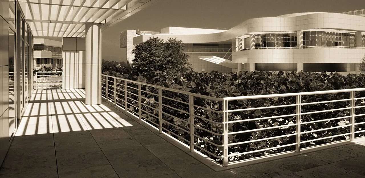 The Getty Center in Los Angeles, designed by architect Richard Meier and opened in 1997, a campus of white travertine buildings atop a hill in the Santa Monica Mountains that houses the J Paul Getty Museum and is one of the most visited art museums in the United States