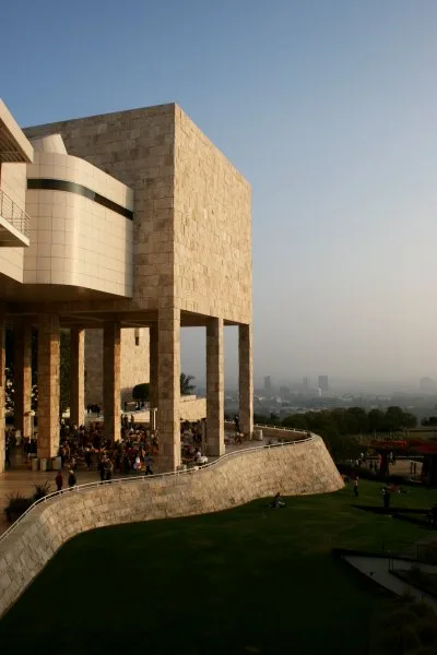 The Getty Center in Los Angeles, a view of the white travertine buildings designed by Richard Meier, showing the museum entrance hall and East Building, the architecture that made the Getty Center one of the most recognizable cultural landmarks in Los Angeles