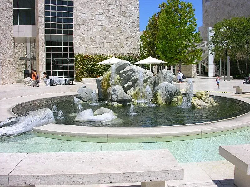 The central courtyard fountain of the Getty Center museum in Los Angeles, a water feature that is part of Robert Irwin's garden design, showing how the Getty Center integrates art, architecture, and landscape into a unified experience