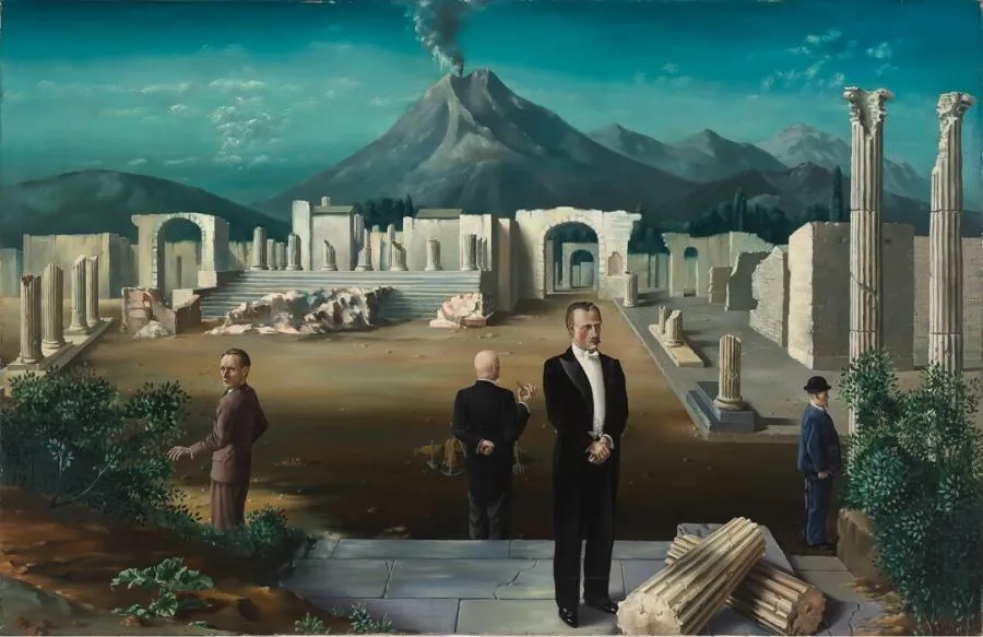 Carel Willink, Late Visitors to Pompeii, 1931. Four men in modern suits standing among the ruins of Pompeii with Mount Vesuvius smoking in the background, each looking in a different direction.