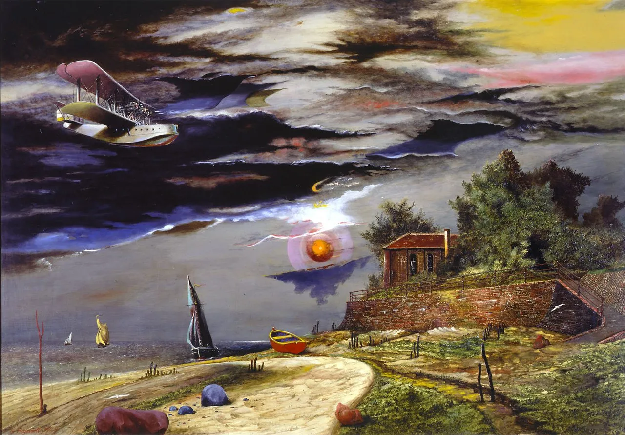 Franz Radziwill, Beach of Dangast with Flying Boat, 1929. A quiet coastal beach scene with a strange airplane flying overhead, with unusual lighting and rocks that seem otherworldly.