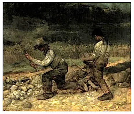 Gustave Courbet, The Stone Breakers (1849). Two laborers breaking stones on a roadside, a young man and an old man, both bent over their work, against a hillside