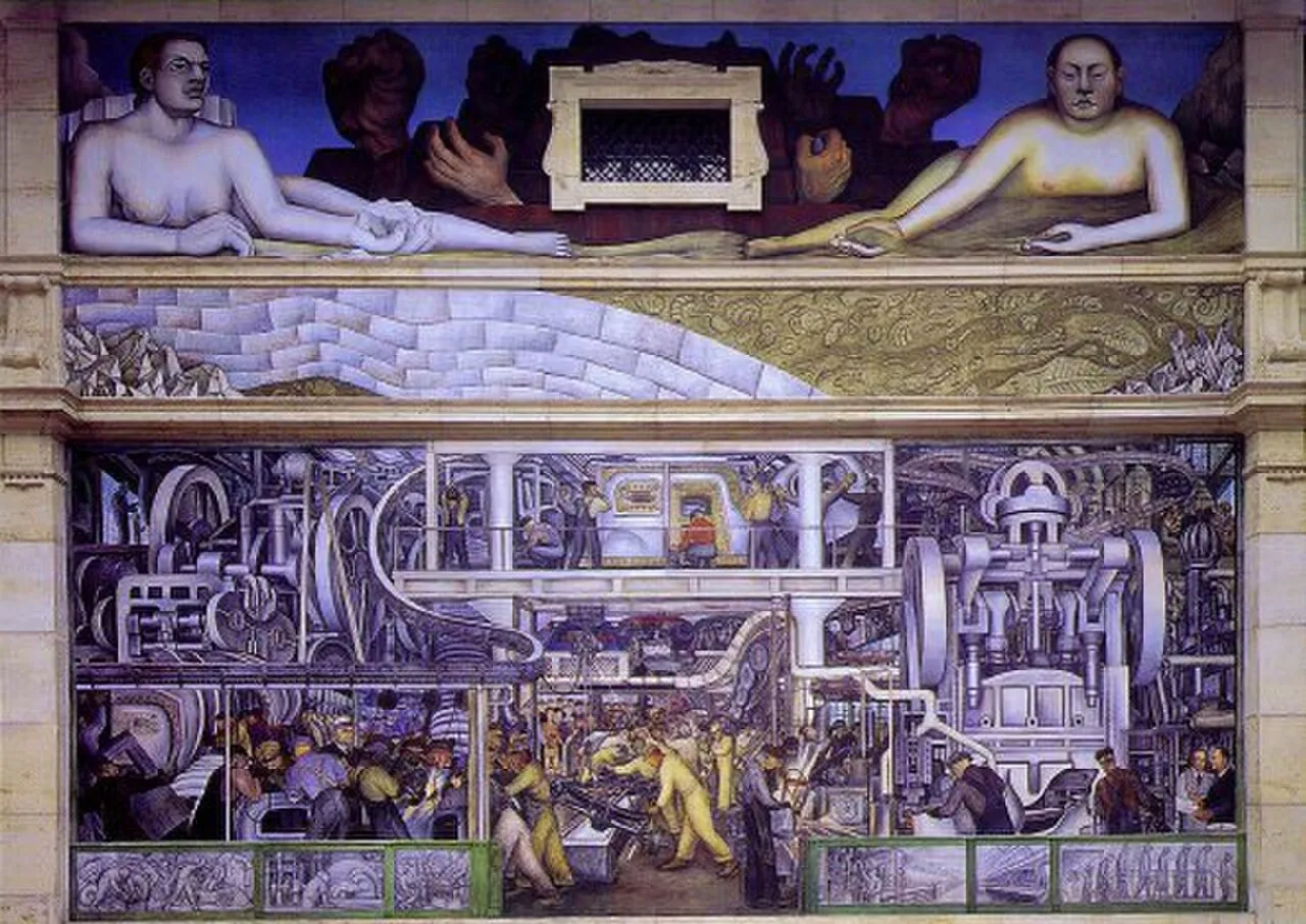 Diego Rivera, Detroit Industry Murals, South Wall, 1932-33, fresco, Detroit Institute of Arts. Shows Ford assembly line workers and industrial machinery in monumental scale