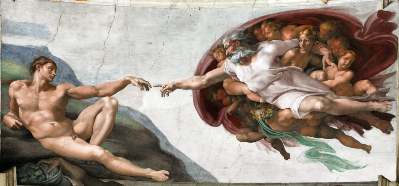 The Creation of Adam detail from the Sistine Chapel ceiling by Michelangelo showing God reaching toward Adam with outstretched hand, surrounded by angels in a flowing cloak