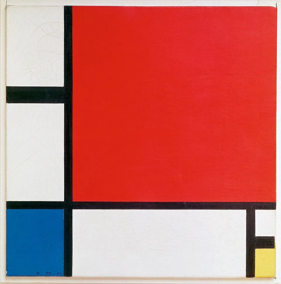 Piet Mondrian, Composition II in Red, Blue, and Yellow, 1930, oil on canvas. A white ground divided by black horizontal and vertical lines creating rectangles of red, blue, and yellow primary color.