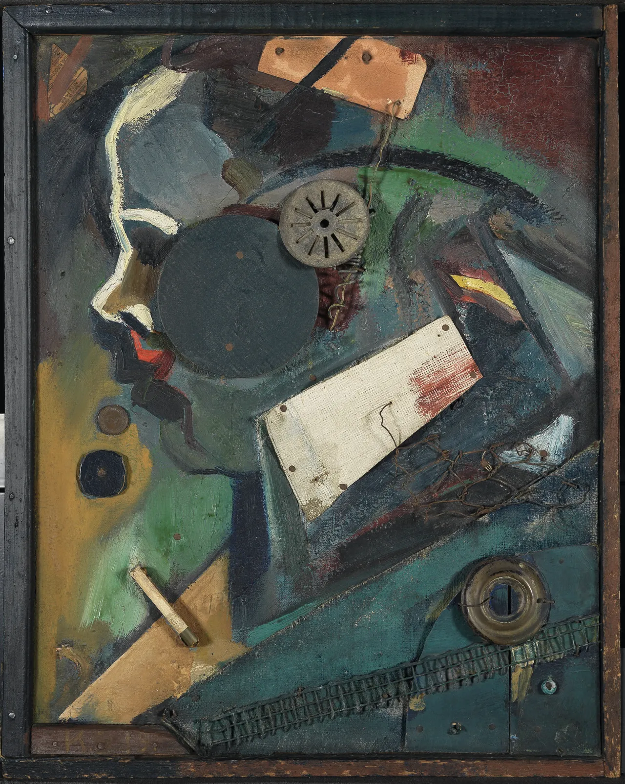 Merzbild 1A, Der Irrenarzt (1919) by Kurt Schwitters, a collage assemblage combining painted canvas with found materials including cardboard, paper, fabric, and wire
