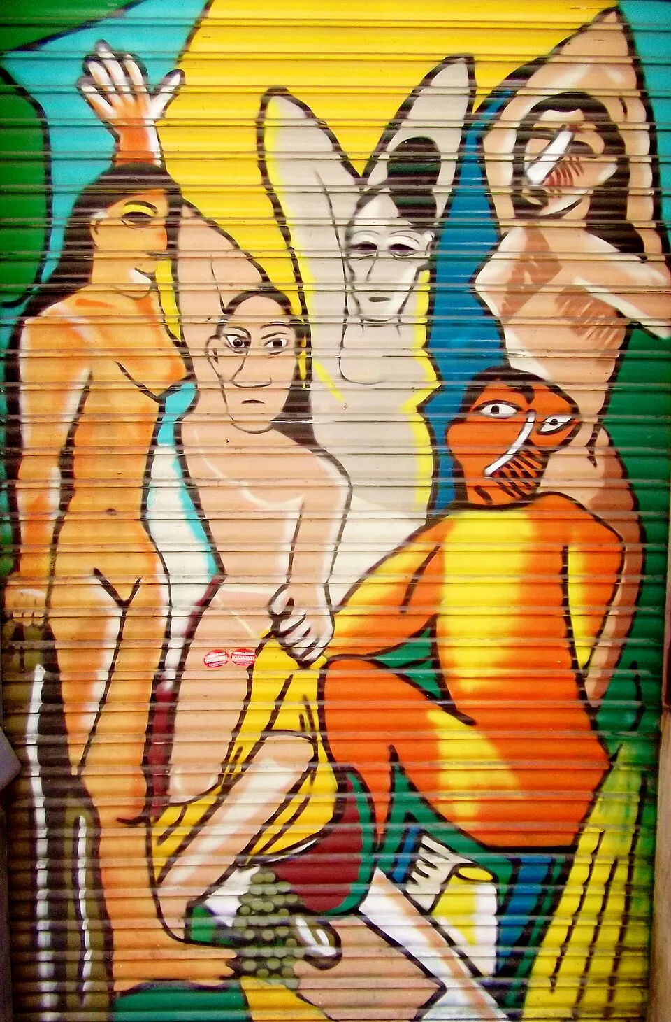 Pablo Picasso, Les Demoiselles d'Avignon (1907). Five female figures in a brothel, with angular, distorted bodies and faces influenced by African and Iberian masks.