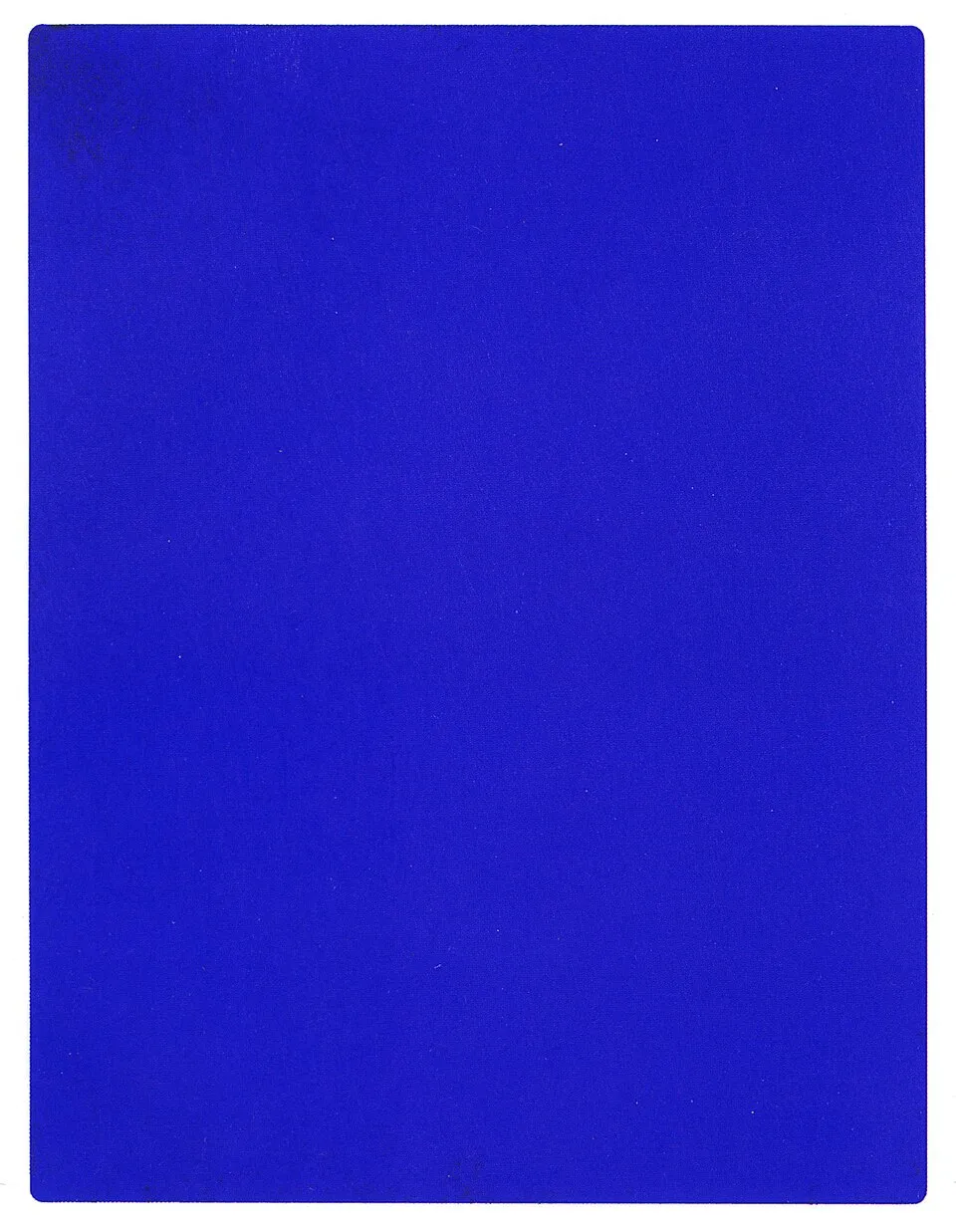 Yves Klein, IKB 191 (1962). A monochrome blue painting using International Klein Blue, a deep ultramarine pigment that Klein patented, demonstrating the power of a single color