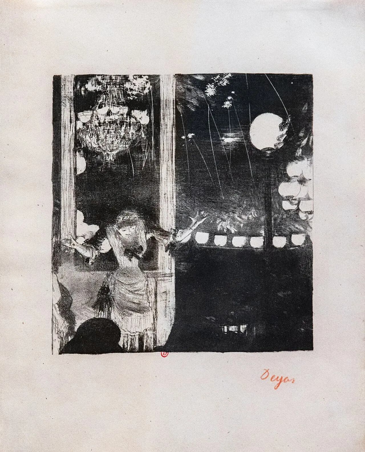Cafe-Concert aux Ambassadeurs (c. 1876-1877) by Edgar Degas, a pastel over monotype showing a night-time cafe concert scene with artificial lighting and performers on stage