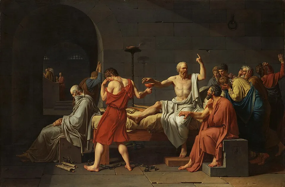 Jacques-Louis David, The Death of Socrates (1787). The philosopher reaches for a cup of hemlock while gesturing upward, surrounded by grieving disciples.
