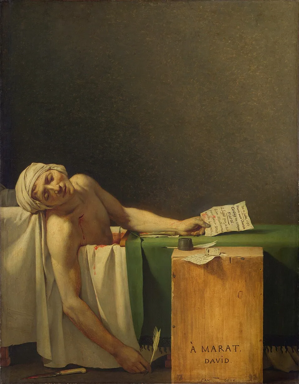 Jacques-Louis David, The Death of Marat (1793). The revolutionary leader lies dead in a bathtub, holding a letter, with a dark background.