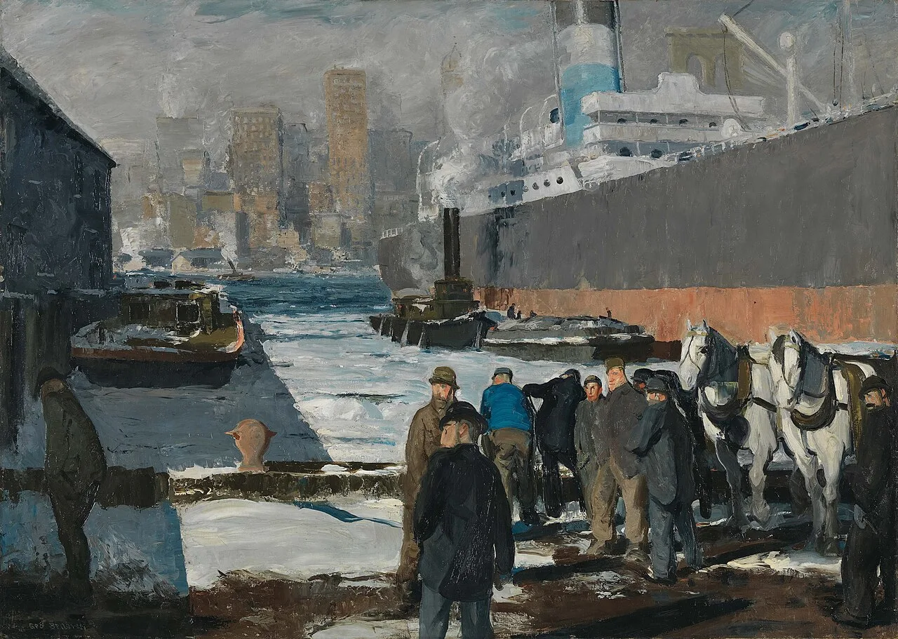 George Bellows's Men of the Docks (1912), an oil on canvas showing laborers standing at a Brooklyn dock with the Manhattan skyline rising behind them, the painting that captured the energy and inequality of New York City in the early 20th century and became one of the defining works of the Ashcan School