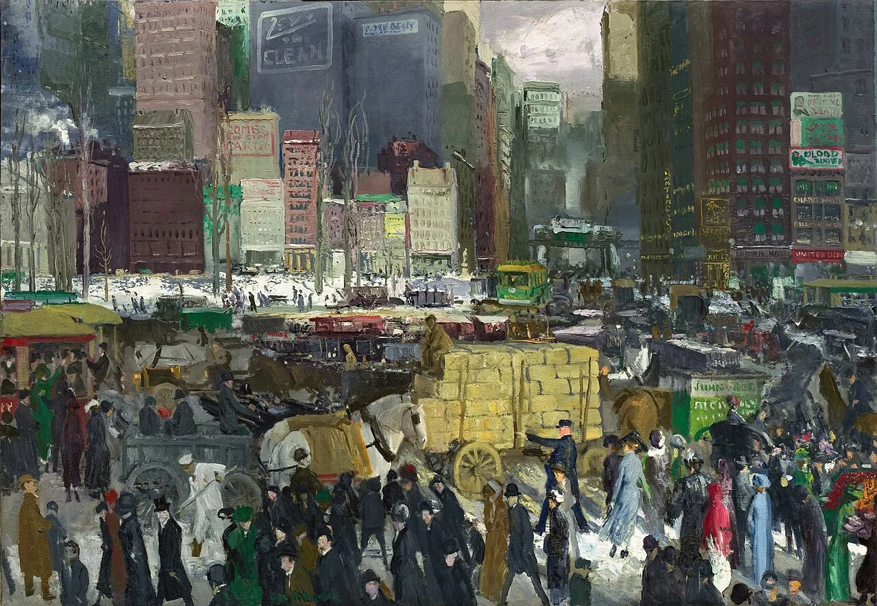 George Bellows's New York (1911), an oil on canvas showing a busy New York street scene with crowds, horses, and buildings, capturing the raw energy of the city that would within fifty years become the center of the art world